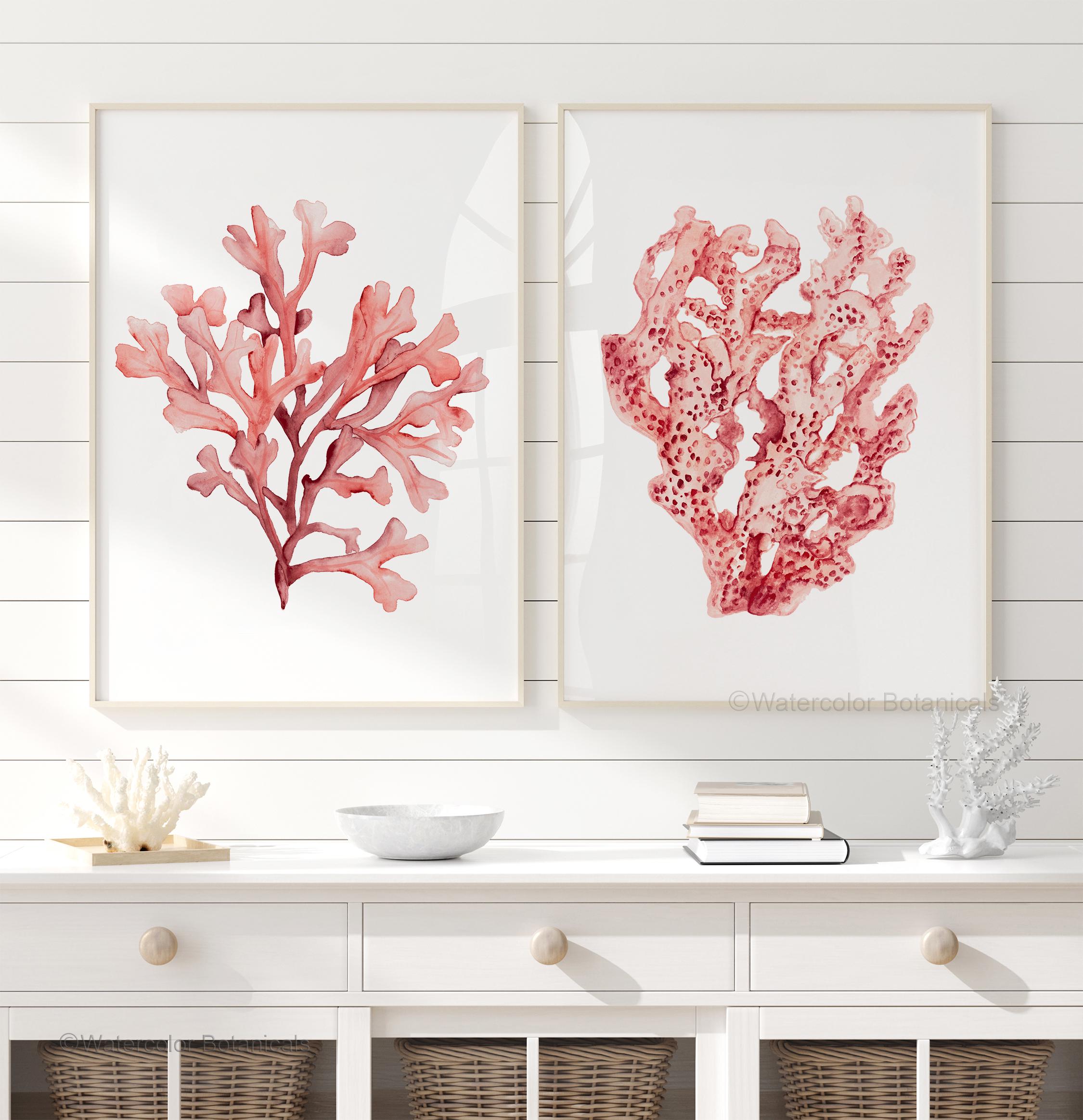Coral＆Tusk フレームアート Blush Red Coral Duo – Set of 2 Coastal Watercolor Prints – Modern