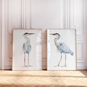 Minimalist Blue Heron Wall Art - Watercolor Set of 2 Prints, Modern Wall Decor, Water Bird Illustration, Coastal House Art, Large Artwork