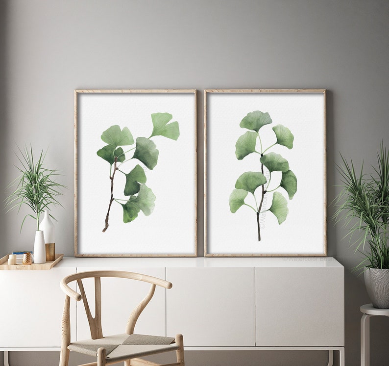 Aquarell Ginkgo Blätter, Neutral Grün Minimalistische Malerei, Baum Ast, Pflanze, Set von 2 Drucken, Botanische Wanddeko, Tropische exotische Kunst Bild 1