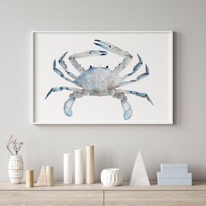 Blaue Aquarell Krabbe Illustration, minimalistisches kleines & großes Kunstposter, Meerestiere, Malerei, Lichtkrabbedruck, nautisches Küstenbild