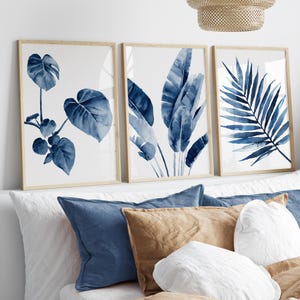 Navy Tropical Leaves, Set of 3 Prints, Indigo Navy Blue Modern Wall Decor, Monstera Philodendron Banana Palm Leaf, Minimalist
