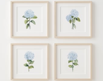 Watercolor Set of 4 Hydrangea Illustrations, Minimalist Botanical Wall Decor, Modern Poster, Hamptons Artwork, Extra Large Prints, Florals