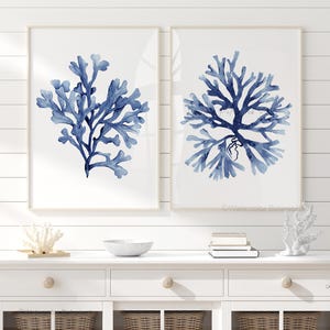 Indigo Coral Wall Art – Set of 2 Minimalist Watercolor Coastal Prints for Serene Bedroom or Modern Beach House Decor
