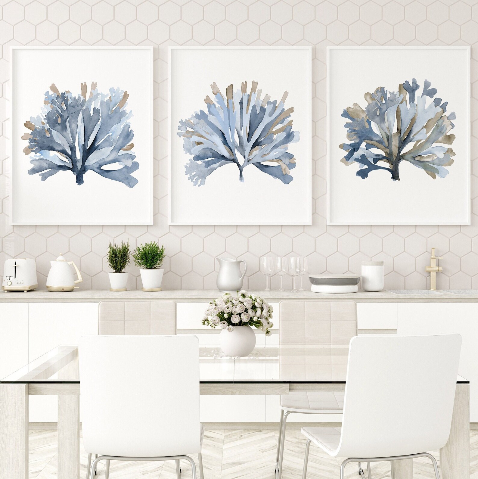 Minimalist Coastal Wall Decor, Set of 3 Prints, Queen Bed Fine Art