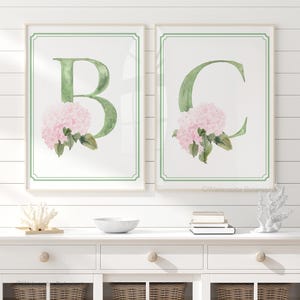 Könnte beinhalten: Zwei gerahmte Wandbilder mit den Buchstaben B und C in grüner Aquarellschrift. Jeder Buchstabe ist mit einem Büschel rosa Hortensien und grünen Blättern verziert und von einem dünnen grünen rechteckigen Rahmen auf weißem Papier umgeben.