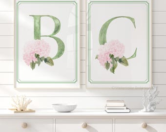 Benutzerdefinierte Aquarell Initiale mit Hortensienblüten, Buchstabe, Baby-Kinderzimmer-Set