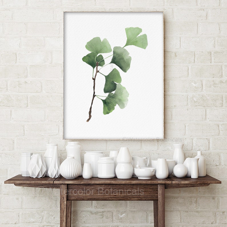 Aquarell Ginkgo Blätter, Neutral Grün Minimalistische Malerei, Baum Ast, Pflanze, Set von 2 Drucken, Botanische Wanddeko, Tropische exotische Kunst Bild 8