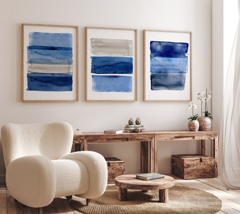 Große geometrische Aquarellkunst, Marineblau, Indigostreifen, abstraktes minimalistisches Wanddekor, 3er-Set Drucke, Ozean inspirierte zeitgenössische Kunst Bild 6