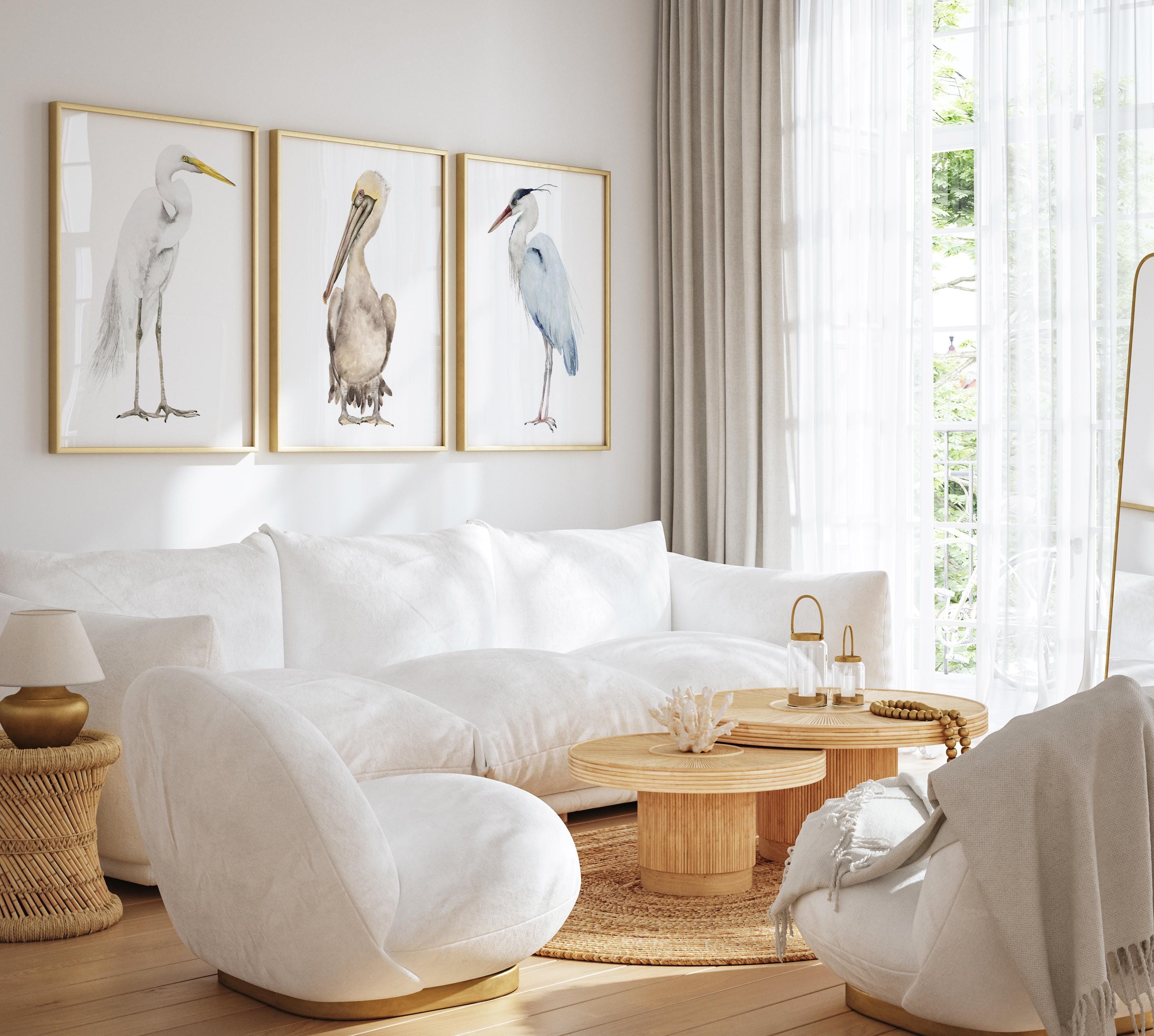 Coastal Bird Wall Art Set of 3 – Egret, Pelican & Heron Watercolor ...