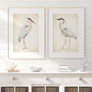 Vintage Coastal Birds, Heron Art, Wall Decor, Lake Birds, Set of 2 Prints, Minimalist Pictures, Poster