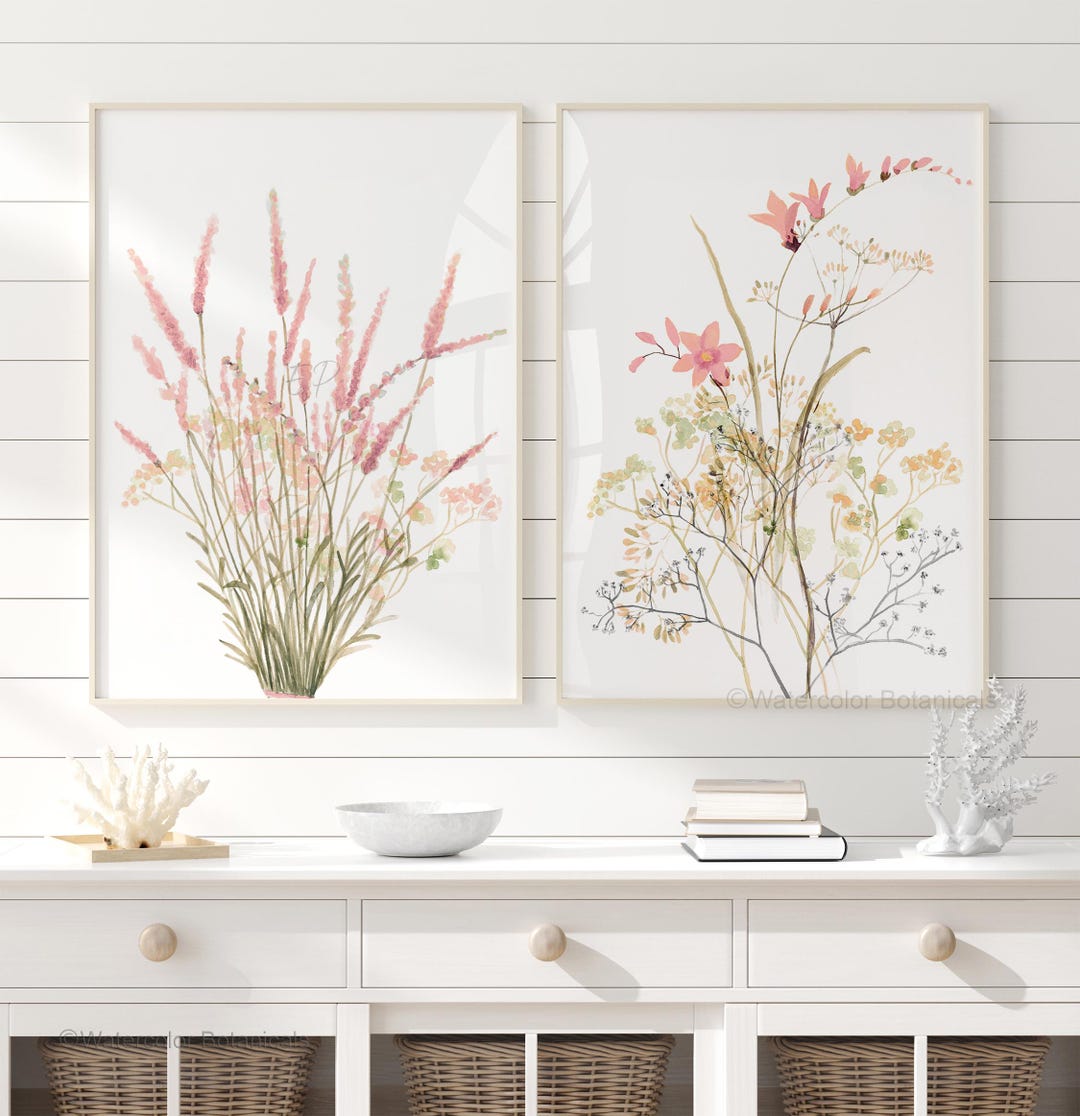 Pink Wildflower Prints - Set of 2, Watercolor Floral Wall Art Nursery ...