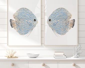 Abstract Discus Fish, Set of 2 Prints, Modern Coastal Wall Decor, Watercolor Artwork, Marine Animals, Beach House Art, Blue Fish Painting