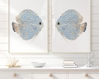 Abstract Discus Fish, Set of 2 Prints, Modern Coastal Wall Decor, Watercolor Artwork, Marine Animals, Beach House Art, Blue Fish Painting