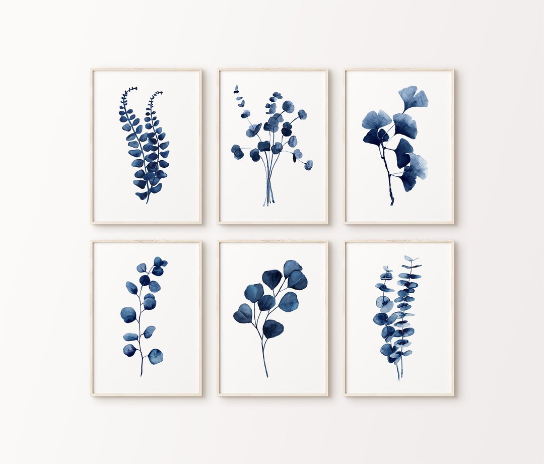 Navy Blue Plant Wall Art Set of 6 Prints – Watercolor Botanical Fern ...