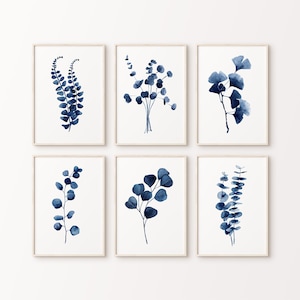 Galleria d'arte di piante - 6 stampe botaniche, decorazioni murali minimaliste, felce blu navy e indaco, ginkgo, ramo di eucalipto, arte murale moderna