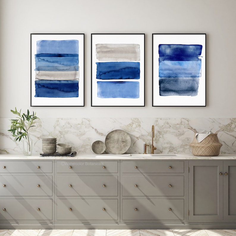 Große geometrische Aquarellkunst, Marineblau, Indigostreifen, abstraktes minimalistisches Wanddekor, 3er-Set Drucke, Ozean inspirierte zeitgenössische Kunst Bild 7