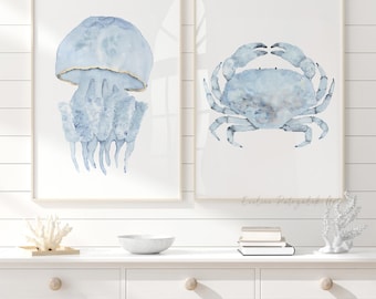 Set van 2 aquarel mariene muurkunstafdrukken – Minimalistische kwal blauwe krab - kustdecor