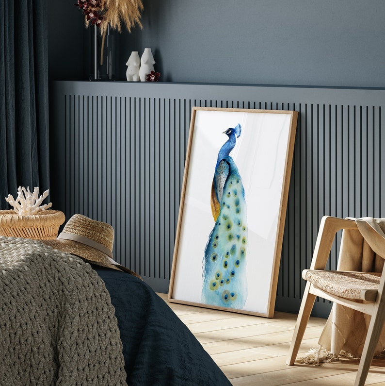 Pittura ad acquerello pavone, illustrazione astratta moderna dell'uccello, disegno minimalista, uccello del paradiso, idea regalo, poster d'arte extra large immagine 7