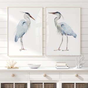 Große blaue Reiher - 2er-Set Drucke - Diptychon, Minimalistische Vogel Malerei, Kinderzimmer Wand Dekoration, Kinderzimmer Kunst, Aquarell Wohnkultur