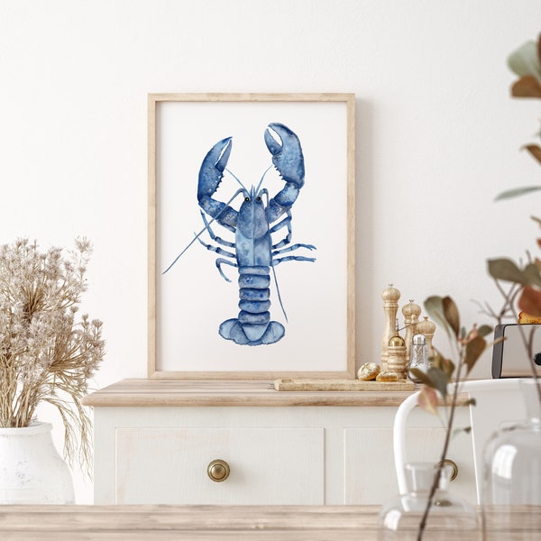 Watercolor Blue Lobster Print, Minimalist Fine Art Poster, Abstract Ocean Animal, Nautical Coastal Wall Decor, Beach House, Summer Art