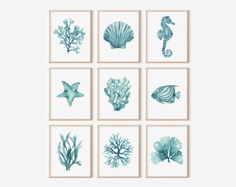 Set di acquerelli di 9 stampe giclée, creature minimaliste verde acqua, decorazione della parete nautica, corallo, alghe, conchiglia, illustrazioni dipinte a mano