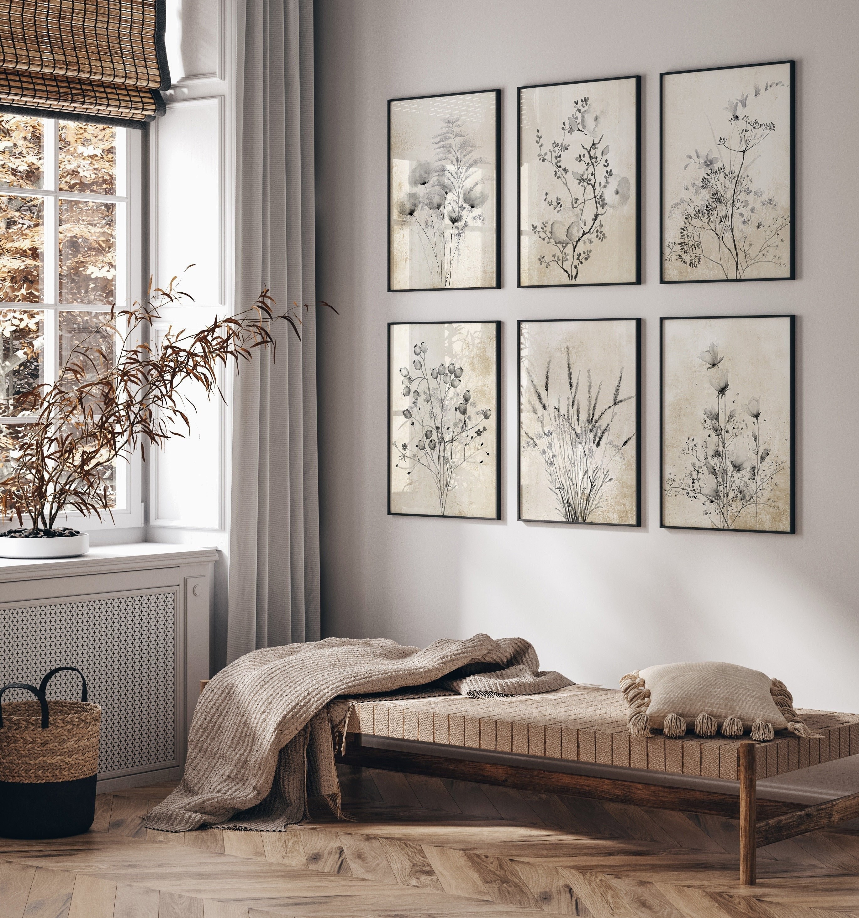 Modern Farmhouse Set of 6 Prints, Black Flowers on Rustic