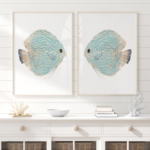 Türkis Abstrakte Fische – 2er-Set Drucke | Minimalistische Küsten Wandkunst | Moderne Kunstposter | Sommerliche Ozean Deko
