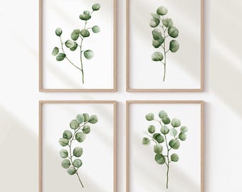 May include: Set of four framed prints featuring watercolor illustrations of green eucalyptus leaves on a white background.