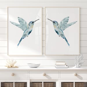 Set di 2 stampe di colibrì color verde acqua, decorazione murale minimalista color verde acqua, poster moderno, uccelli, arte per soggiorno e camera da letto, decorazioni primaverili