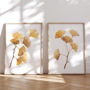 Gele ginkgotak met bladeren, set van 2 prenten, minimalistische herfstkunst aan de muur, aquarel botanische muurkunst, moderne schilderkunst