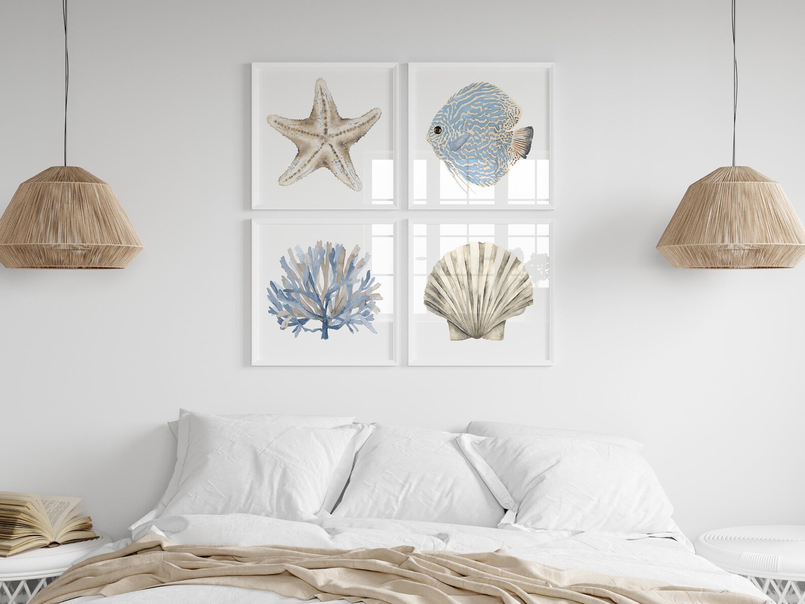 Coastal Wall Art Set of 4 Prints, Beach Ocean Wall Art With Starfish ...