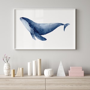 Watercolor Blue Whale Wall Art Print – Navy Coastal Sea Life Poster, Nautical Ocean Fish Artwork for Beach House & Modern Coastal Decor