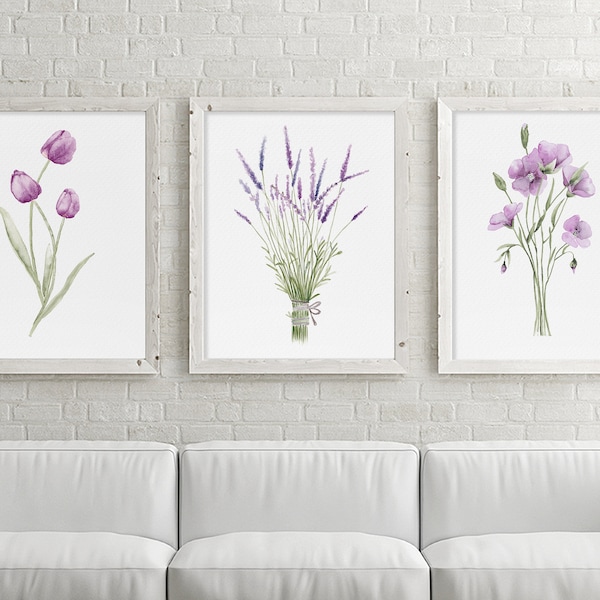 3er Set AquarellDrucke, Minimalistische Lavendel Tulpen Flachs Blumen in Lila und Rosa, Botanischer Druck, Florale Wanddekoration, Kinderzimmer Kunstwerk