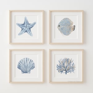 Set di 4 stampe da parete con tema costiero e spiaggia – Decorazioni con oceano blu, stelle marine, pesci, coralli e conchiglie – Stampe di vita marina per camera da letto o soggiorno