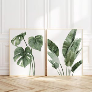 Foglie esotiche smorzate, set di 2 stampe, arte murale minimalista, poster artistici per il soggiorno, immagini ad acquerello extra large