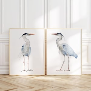 Blue Heron Watercolor Set of 2 Prints – Minimalist Coastal Nature Wall Art