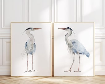 Blue Heron Watercolor Set of 2 Prints – Minimalist Coastal Nature Wall Art