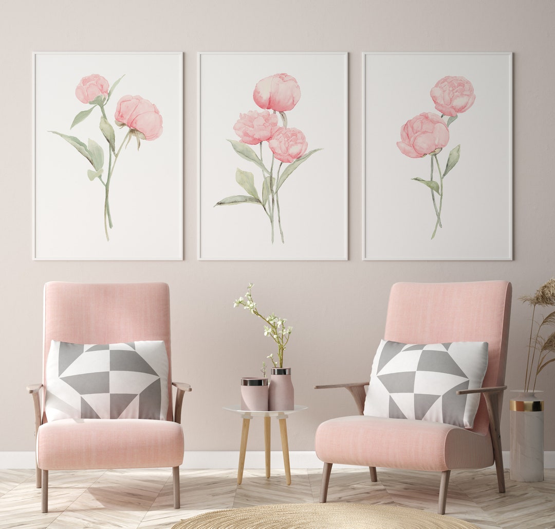 Pink Peony Wall Art Set of 3 Watercolor Floral Prints Baby Girl Nursery ...