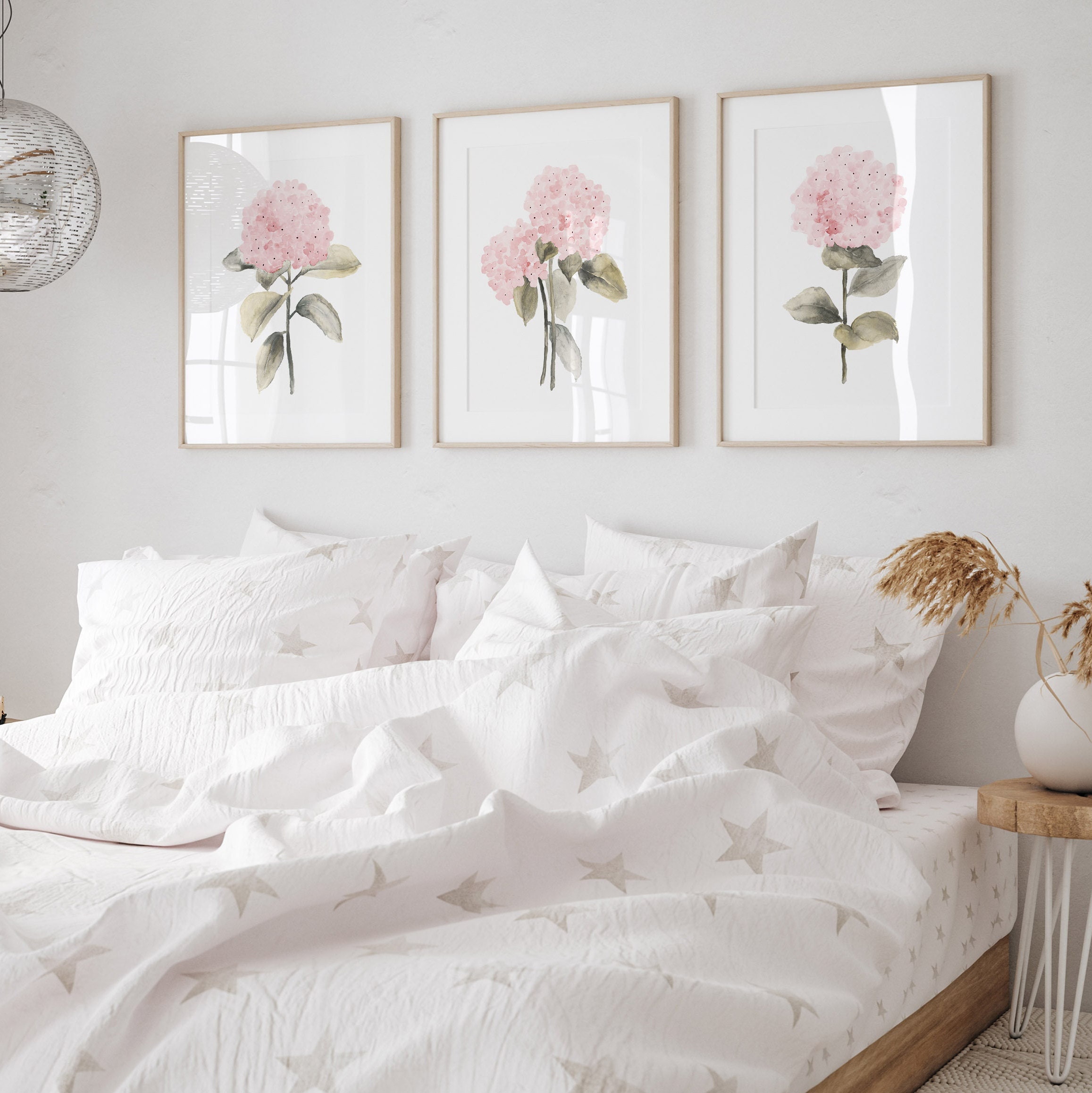 Blush Pink Hydrangea Set of 3 Prints, Boho Home Decor