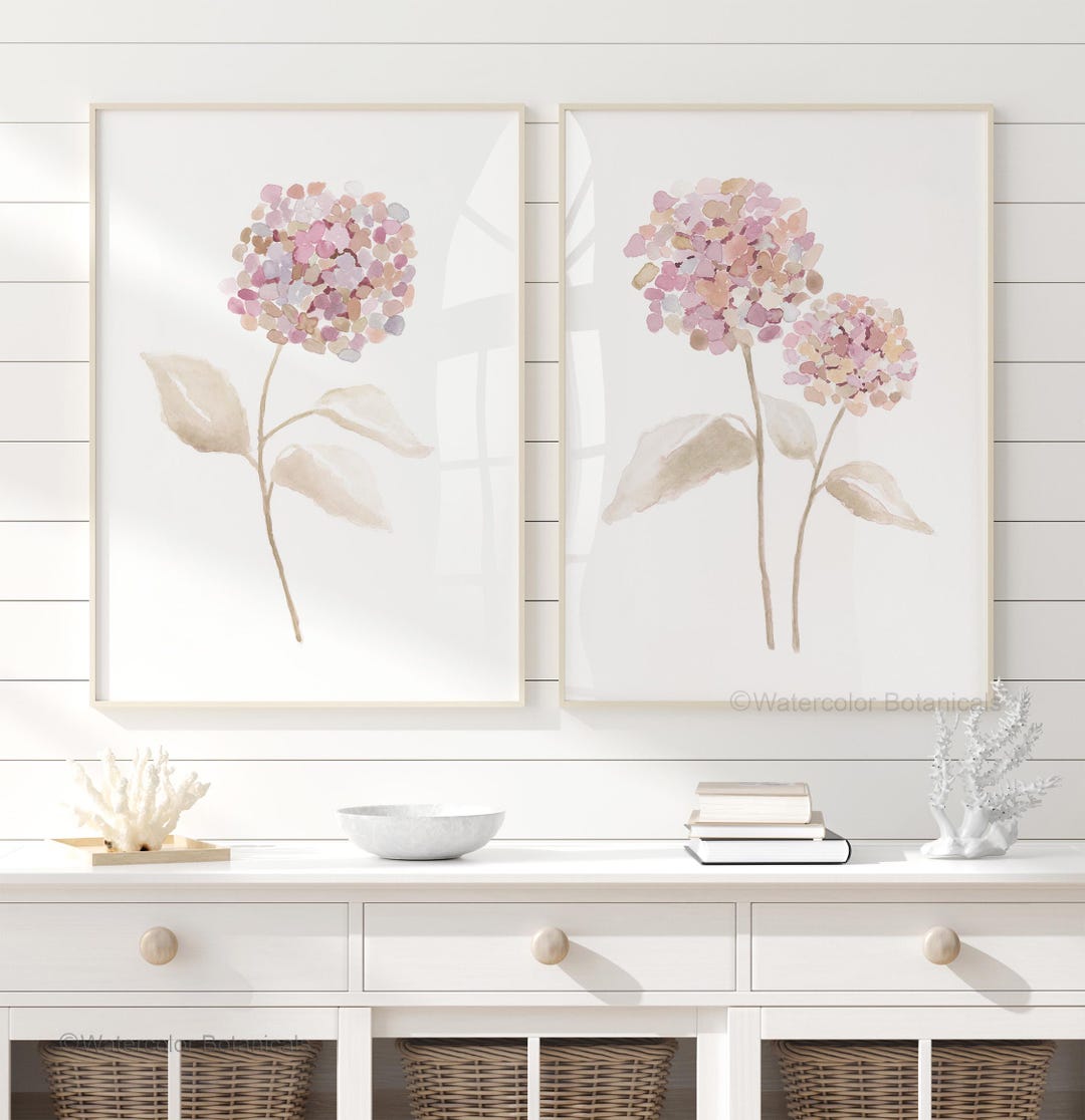 Pastel Pink Hydrangea Wall Art – Set of 2 Prints for Nursery or Modern ...