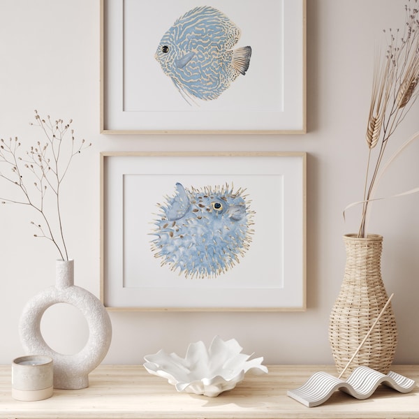 Blue Minimalist Fish Prints – Set of 2 Prints, Coastal Wall Art for Beach House