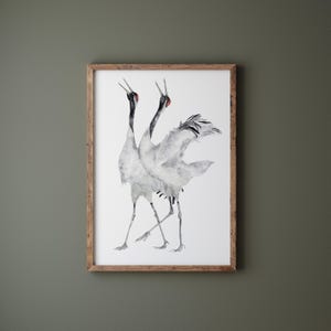 Gru minimaliste che camminano insieme, poster di belle arti, stampa di grandi uccelli, illustrazione della natura