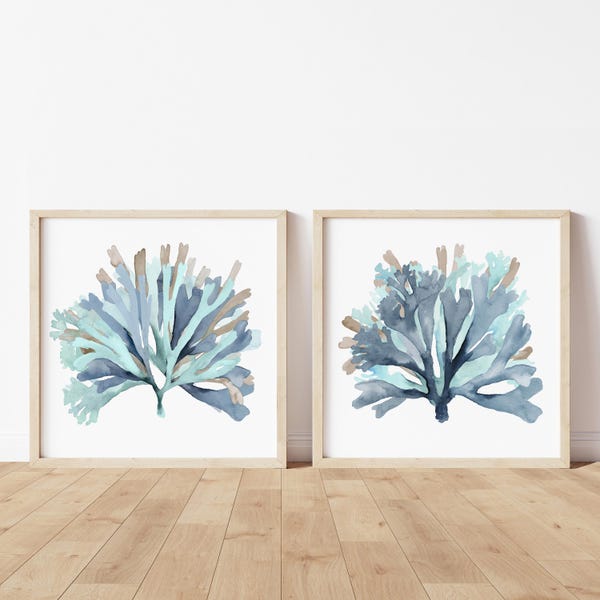 Turquoise Teal Corals – Minimalist Seaweed Watercolor Artwork | Coastal Wall Art Prints