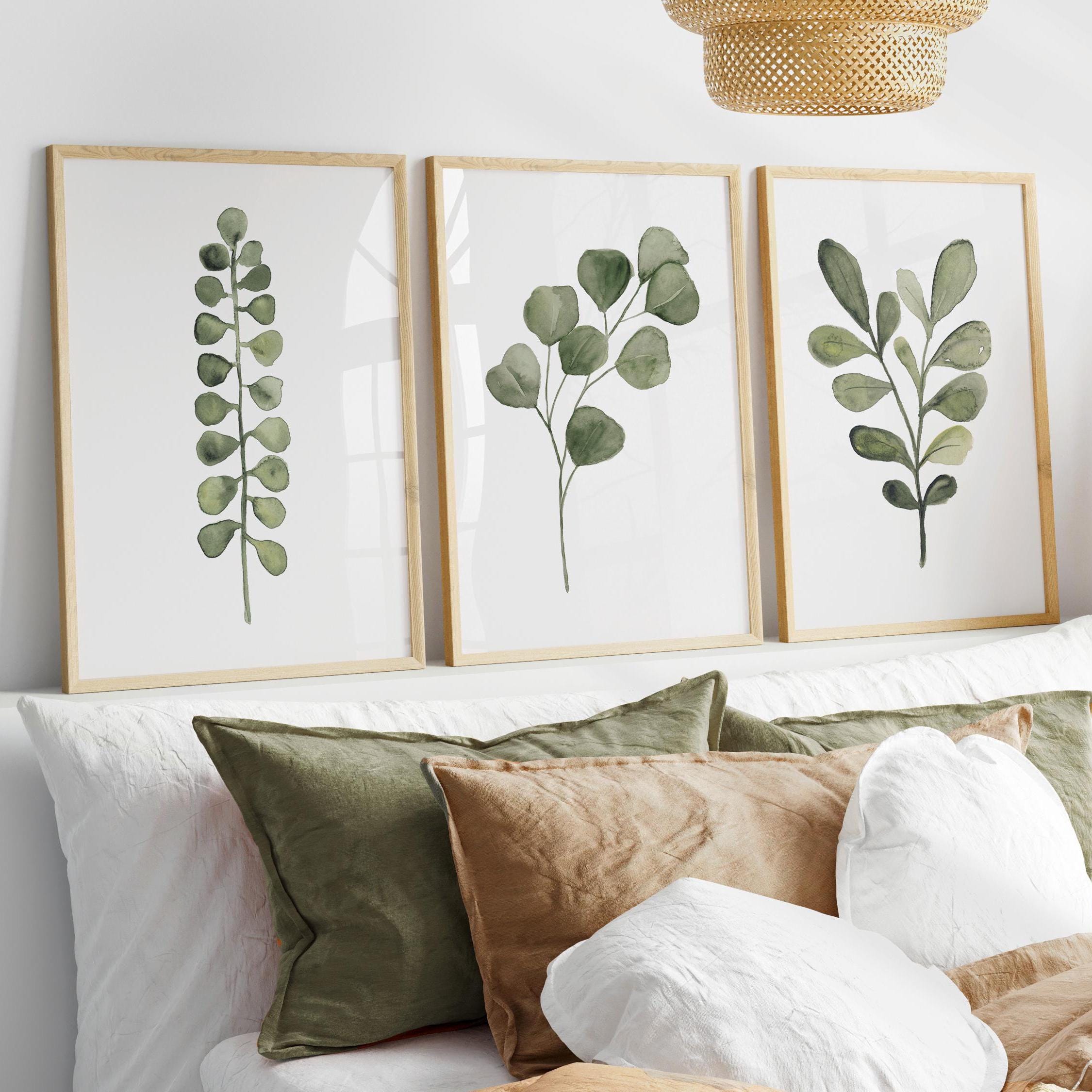 Olive Green Botanical Wall Art – Set of 3 Watercolor Leaf Prints in ...