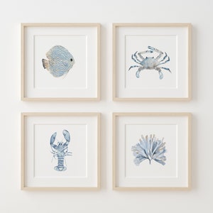 Coastal Watercolor Set of 4 Prints, Minimalist Wall Decor in Blue, Ocean Life Painting, Water Animals Poster, Beach House Artwork, Crab