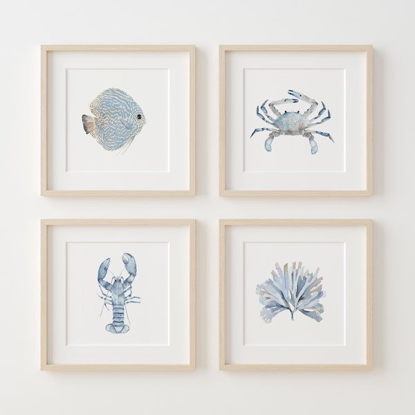 Ensemble de 4 impressions aquarelle côtière, décoration murale minimaliste en bleu, tableau vie océanique, affiche d'animaux aquatiques, oeuvre d'art de maison de plage, crabe