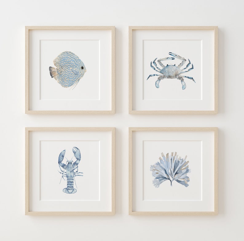 Coastal Watercolor Set of 4 Prints, Minimalist Wall Decor in Blue, Ocean Life Painting, Water Animals Poster, Beach House Artwork, Crab image 1