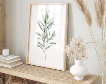 Watercolor Olive Branch in Light Green, Botanical Art Print, Minimalist Wall Decor, Modern Art