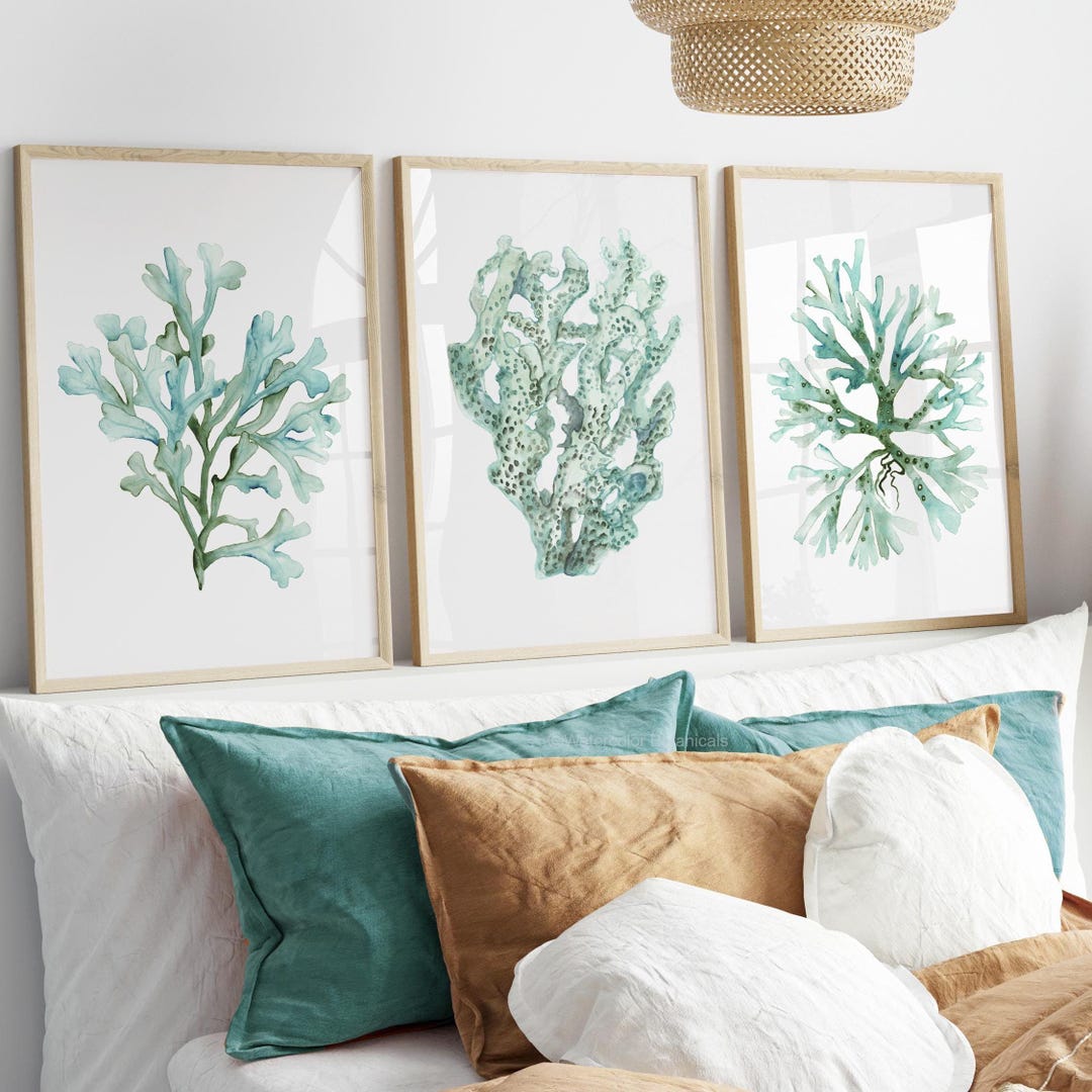 Set of 3 Teal Coral Prints – Coastal Watercolor Wall Art – Modern Ocean ...