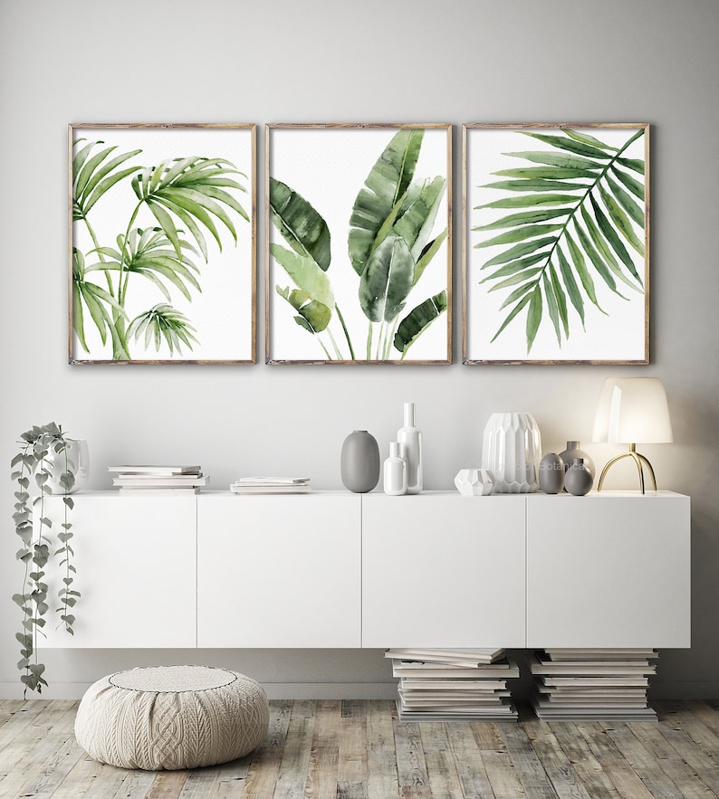 Tropical Watercolor Leaves, Set of 3 Prints, Exotic Greenery, Banana & Fan Palm Leaf Bunch, Minimalist Decor, Beach House Artwork image 3